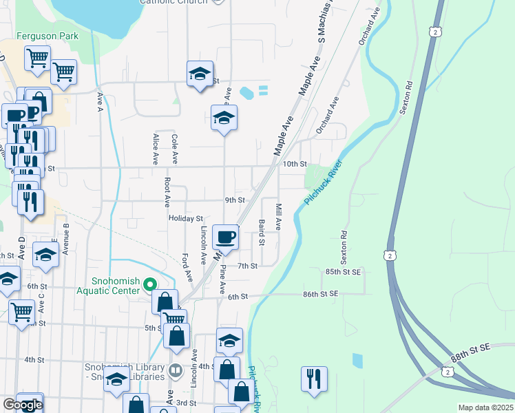 map of restaurants, bars, coffee shops, grocery stores, and more near 830 Baird Street in Snohomish