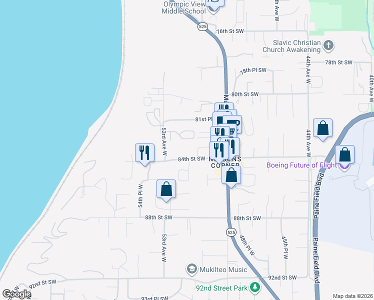 map of restaurants, bars, coffee shops, grocery stores, and more near 5029 84th Street Southwest in Mukilteo