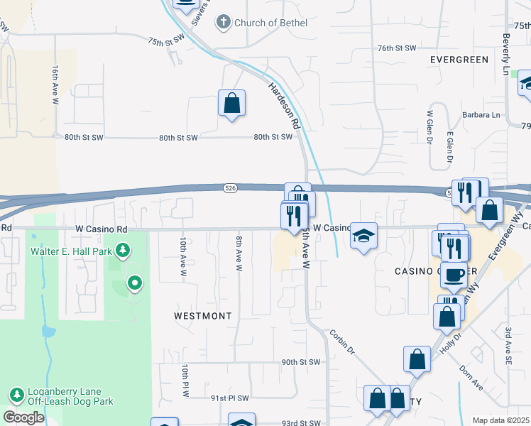 map of restaurants, bars, coffee shops, grocery stores, and more near 605 Casino Road in Everett