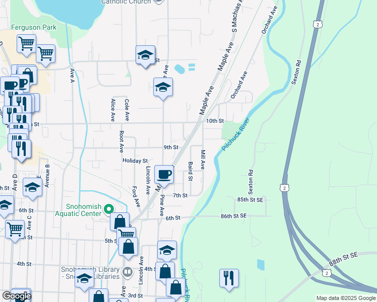 map of restaurants, bars, coffee shops, grocery stores, and more near 816 Baird Street in Snohomish