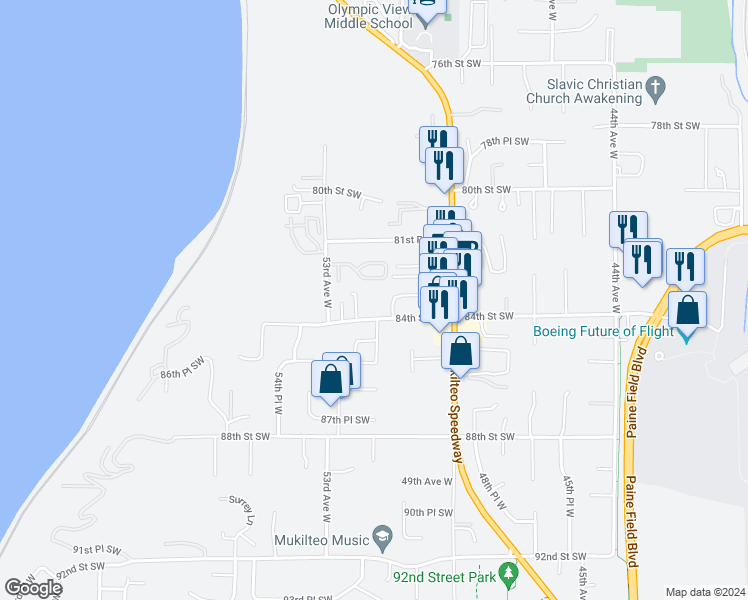 map of restaurants, bars, coffee shops, grocery stores, and more near 5029 84th Street Southwest in Mukilteo