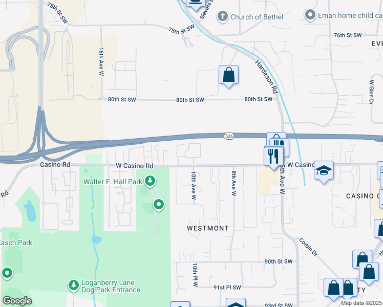 map of restaurants, bars, coffee shops, grocery stores, and more near 1001 West Casino Road in Everett