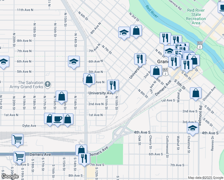 map of restaurants, bars, coffee shops, grocery stores, and more near 1012 University Avenue in Grand Forks