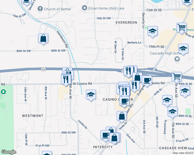 map of restaurants, bars, coffee shops, grocery stores, and more near 125 West Casino Road in Everett