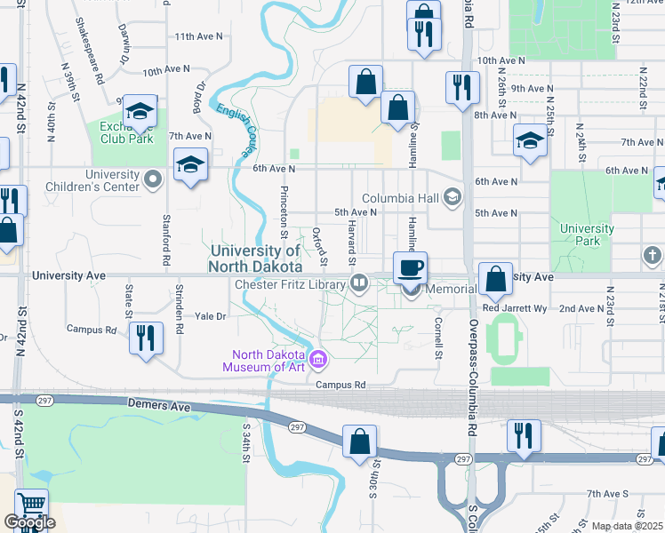 map of restaurants, bars, coffee shops, grocery stores, and more near 3100 University Avenue in Grand Forks