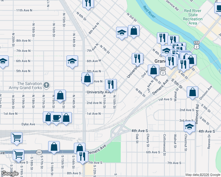 map of restaurants, bars, coffee shops, grocery stores, and more near 1010 University Avenue in Grand Forks