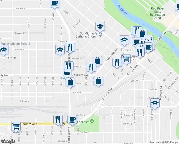 map of restaurants, bars, coffee shops, grocery stores, and more near 1016 University Avenue in Grand Forks