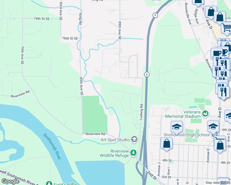 map of restaurants, bars, coffee shops, grocery stores, and more near 2131 8th Place in Snohomish