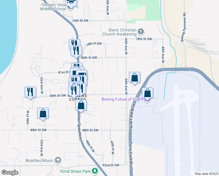 map of restaurants, bars, coffee shops, grocery stores, and more near 4514 84th Street Southwest in Mukilteo