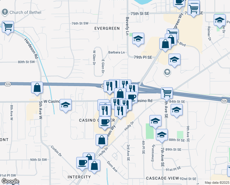 map of restaurants, bars, coffee shops, grocery stores, and more near 119 E Casino Rd in Everett