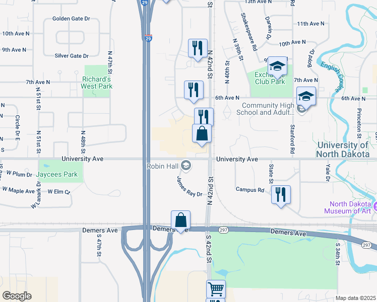 map of restaurants, bars, coffee shops, grocery stores, and more near 4270 University Avenue in Grand Forks