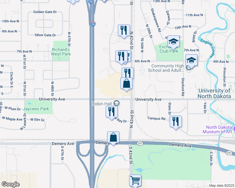 map of restaurants, bars, coffee shops, grocery stores, and more near 4270 University Avenue in Grand Forks