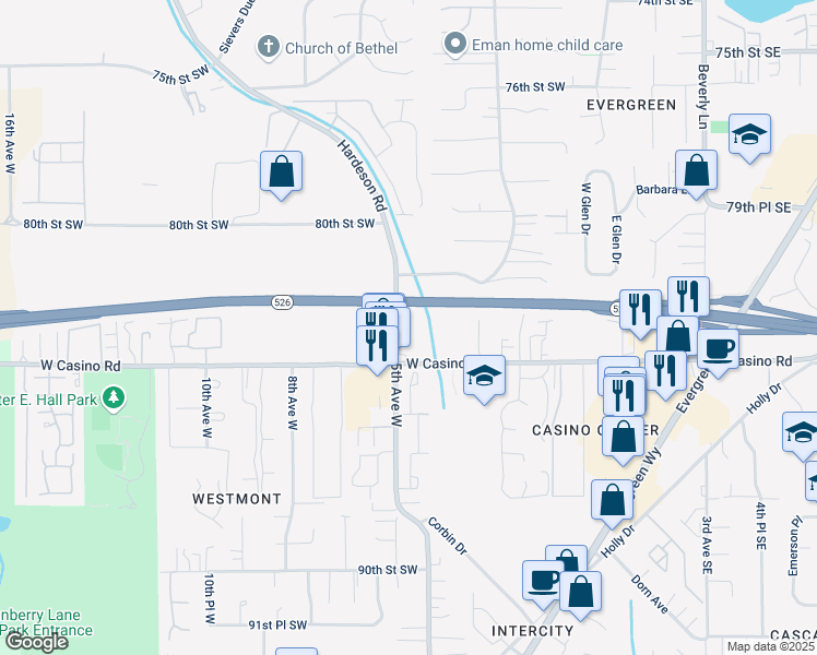 map of restaurants, bars, coffee shops, grocery stores, and more near 8219 5th Avenue West in Everett