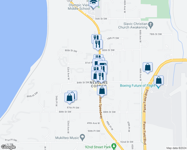 map of restaurants, bars, coffee shops, grocery stores, and more near 8252 Mukilteo Speedway in Mukilteo