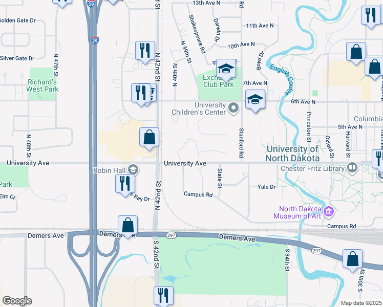 map of restaurants, bars, coffee shops, grocery stores, and more near in Grand Forks