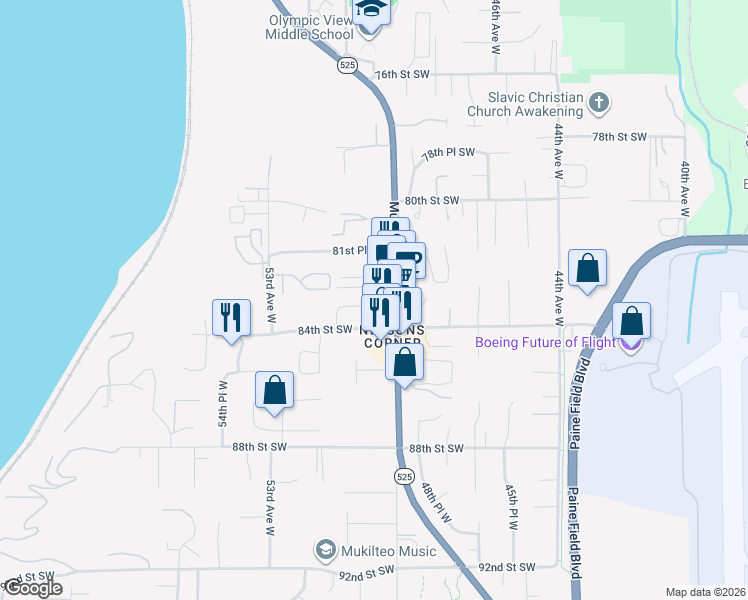 map of restaurants, bars, coffee shops, grocery stores, and more near 8252 Mukilteo Speedway in Mukilteo