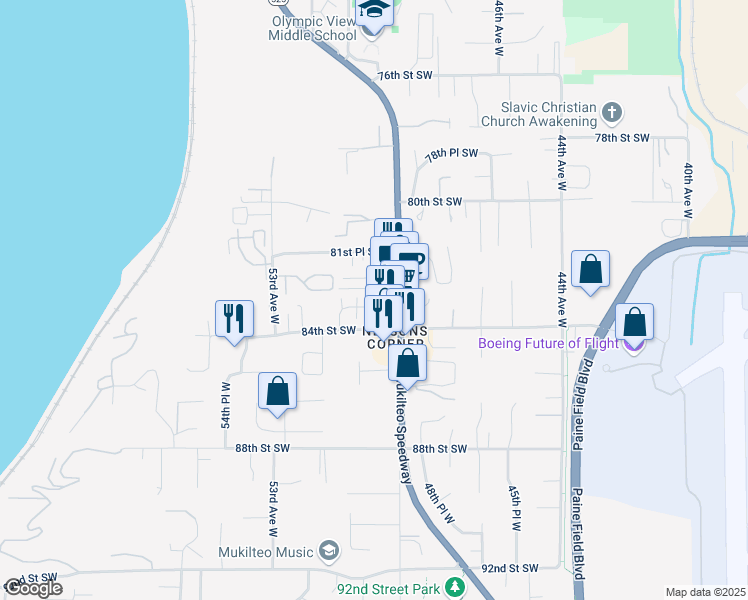 map of restaurants, bars, coffee shops, grocery stores, and more near 8252 Mukilteo Speedway in Mukilteo