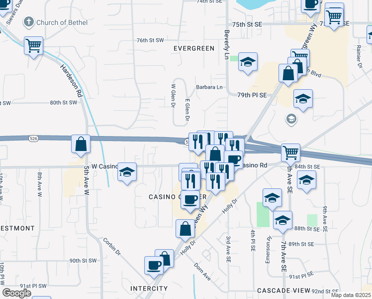 map of restaurants, bars, coffee shops, grocery stores, and more near 119 East Casino Road in Everett