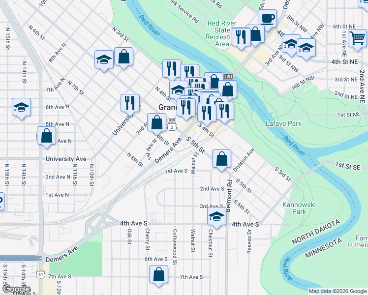 map of restaurants, bars, coffee shops, grocery stores, and more near 421 Demers Avenue in Grand Forks
