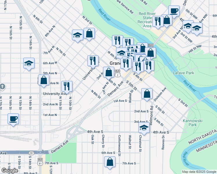 map of restaurants, bars, coffee shops, grocery stores, and more near 615 1st Avenue North in Grand Forks