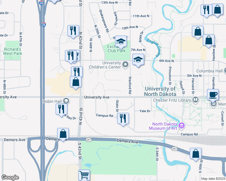 map of restaurants, bars, coffee shops, grocery stores, and more near 714 Northwestern Dr in Grand Forks