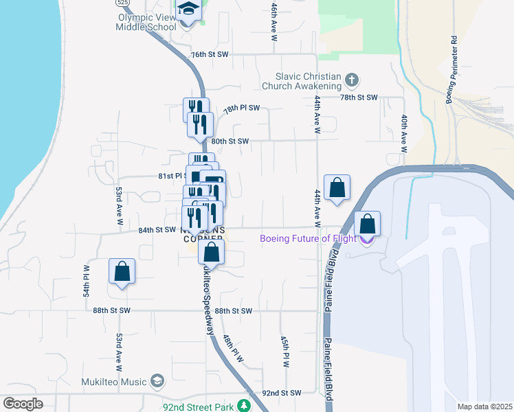 map of restaurants, bars, coffee shops, grocery stores, and more near 8219 46th Place West in Mukilteo