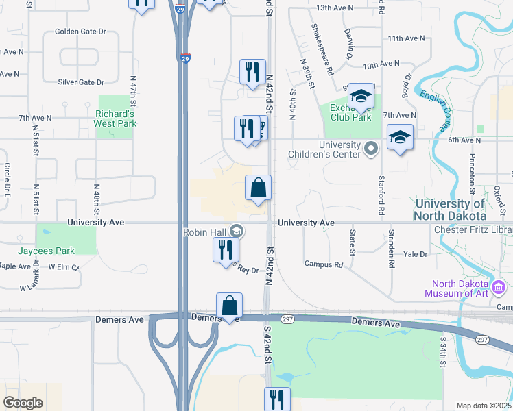 map of restaurants, bars, coffee shops, grocery stores, and more near 411 North 42nd Street in Grand Forks