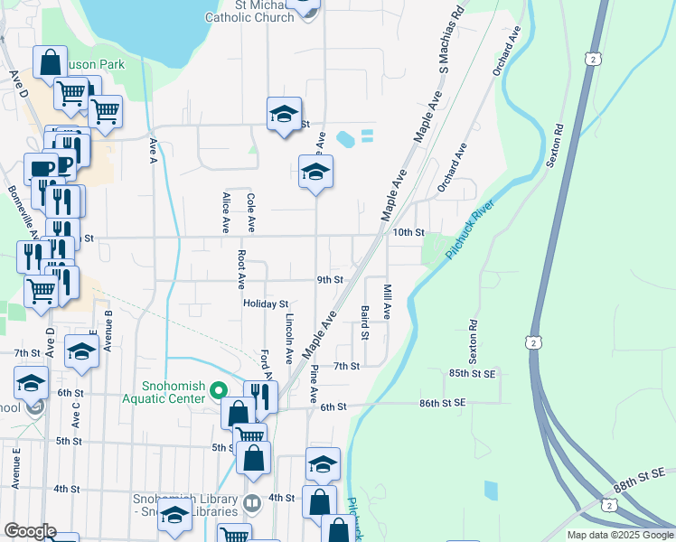 map of restaurants, bars, coffee shops, grocery stores, and more near 916 Cleveland Avenue in Snohomish