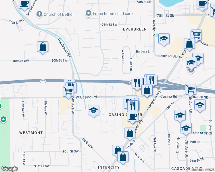 map of restaurants, bars, coffee shops, grocery stores, and more near 28 82nd Place Southwest in Everett