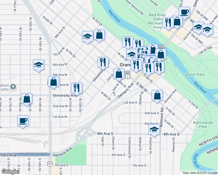 map of restaurants, bars, coffee shops, grocery stores, and more near 622 2nd Avenue North in Grand Forks