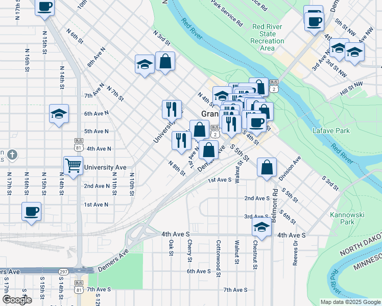 map of restaurants, bars, coffee shops, grocery stores, and more near 615 1st Avenue North in Grand Forks