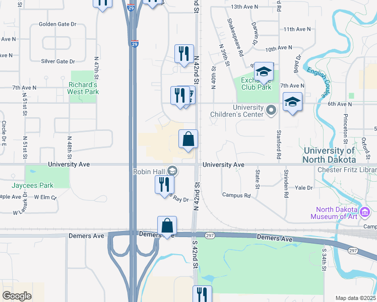 map of restaurants, bars, coffee shops, grocery stores, and more near 411 North 42nd Street in Grand Forks
