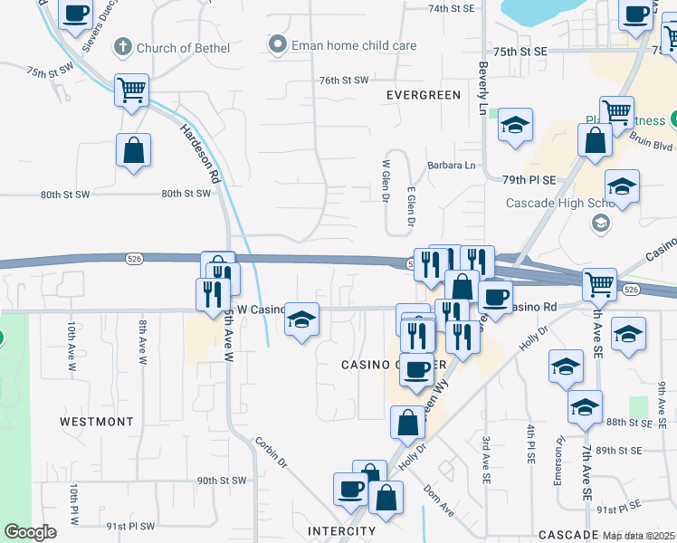map of restaurants, bars, coffee shops, grocery stores, and more near 28 82nd Place Southwest in Everett
