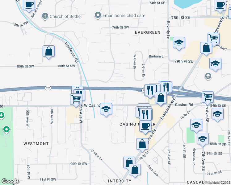map of restaurants, bars, coffee shops, grocery stores, and more near 115 West Casino Road in Everett