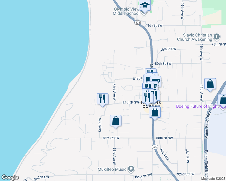 map of restaurants, bars, coffee shops, grocery stores, and more near 8125 53rd Avenue West in Mukilteo