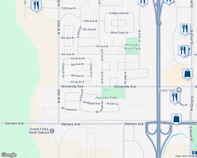 map of restaurants, bars, coffee shops, grocery stores, and more near 392 Circle Drive East in Grand Forks
