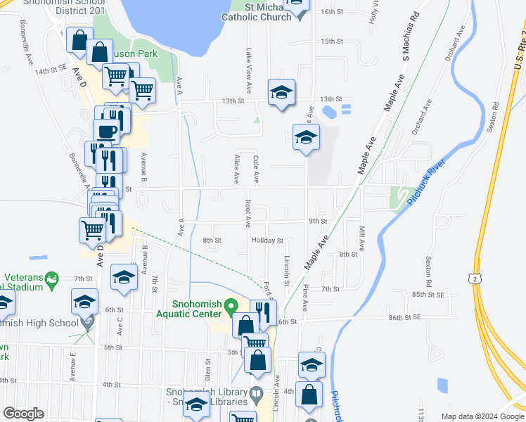 map of restaurants, bars, coffee shops, grocery stores, and more near 910 Van Jan in Snohomish