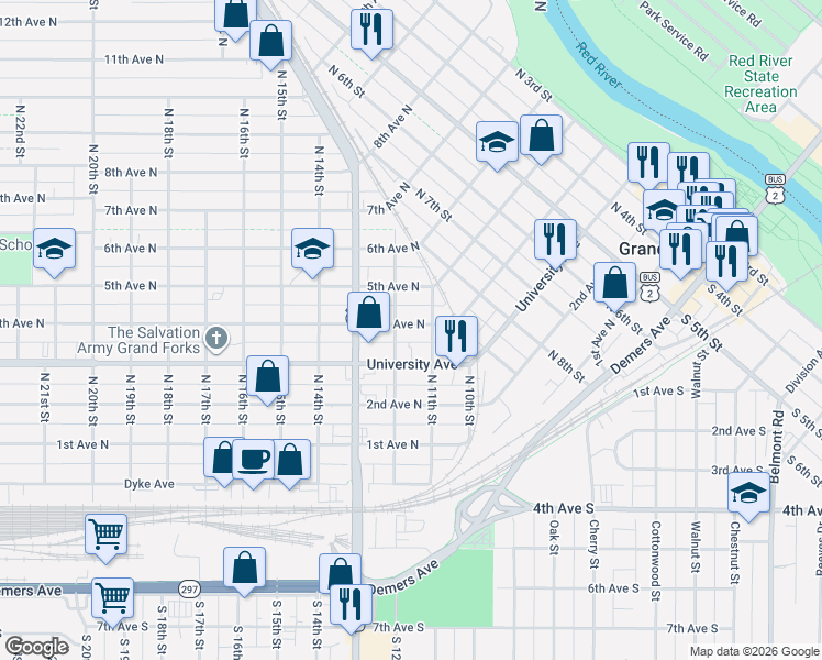 map of restaurants, bars, coffee shops, grocery stores, and more near 1115 4th Avenue North in Grand Forks