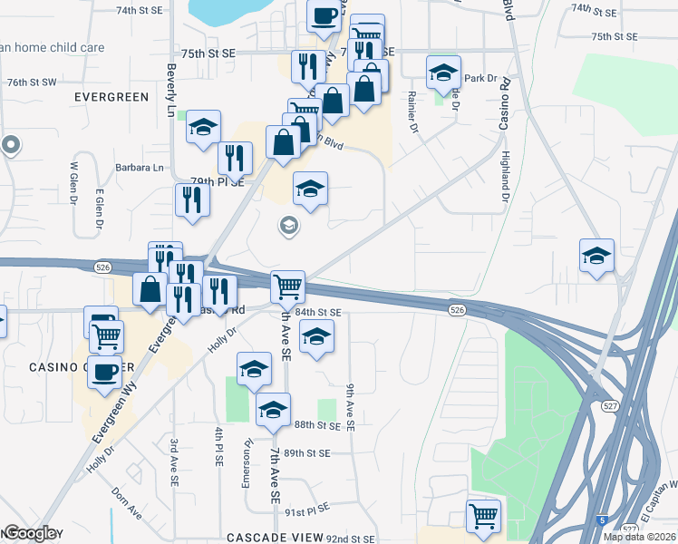 map of restaurants, bars, coffee shops, grocery stores, and more near 918 East Casino Road in Everett