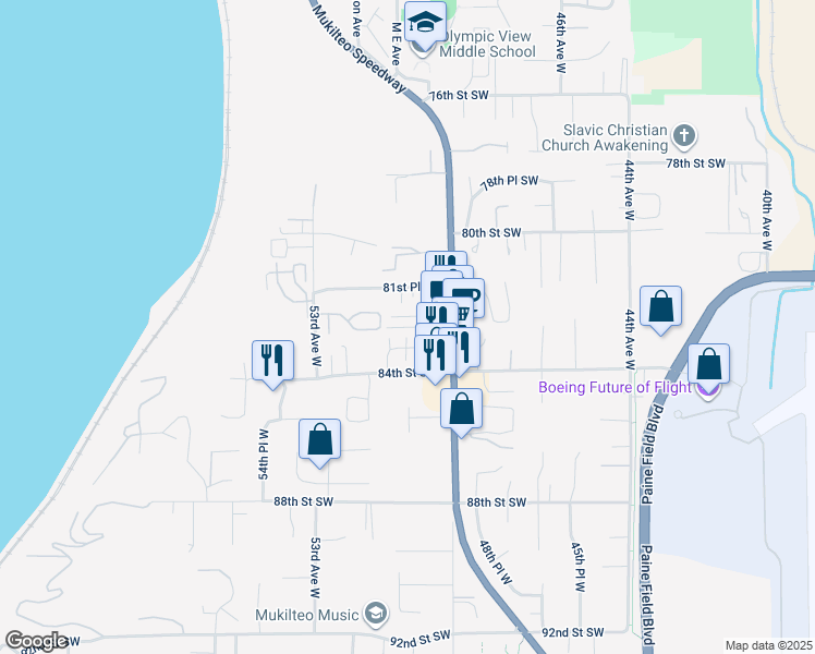 map of restaurants, bars, coffee shops, grocery stores, and more near 8216 Mukilteo Speedway in Mukilteo
