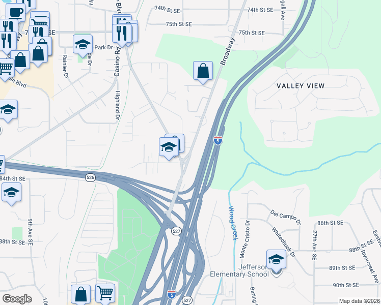 map of restaurants, bars, coffee shops, grocery stores, and more near 8410 Broadway in Everett