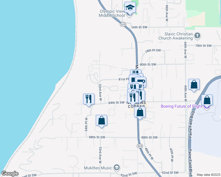 map of restaurants, bars, coffee shops, grocery stores, and more near 8221 53rd Avenue West in Mukilteo