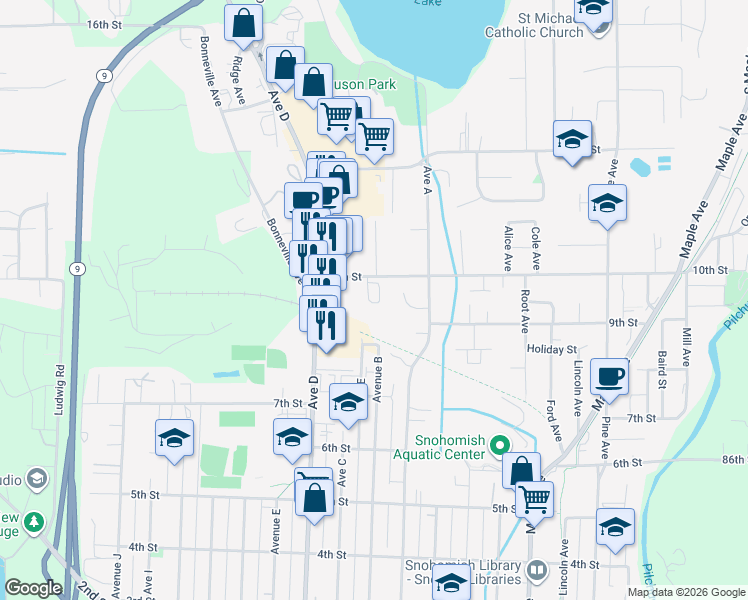 map of restaurants, bars, coffee shops, grocery stores, and more near 1101 10th Street in Snohomish