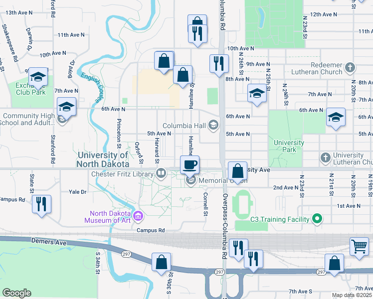 map of restaurants, bars, coffee shops, grocery stores, and more near 401 Hamline Street in Grand Forks