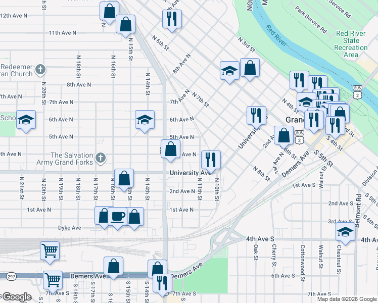 map of restaurants, bars, coffee shops, grocery stores, and more near 1116 4th Avenue North in Grand Forks