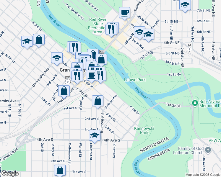 map of restaurants, bars, coffee shops, grocery stores, and more near 215 South 3rd Street in Grand Forks