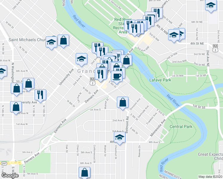 map of restaurants, bars, coffee shops, grocery stores, and more near 450 Kittson Avenue in Grand Forks