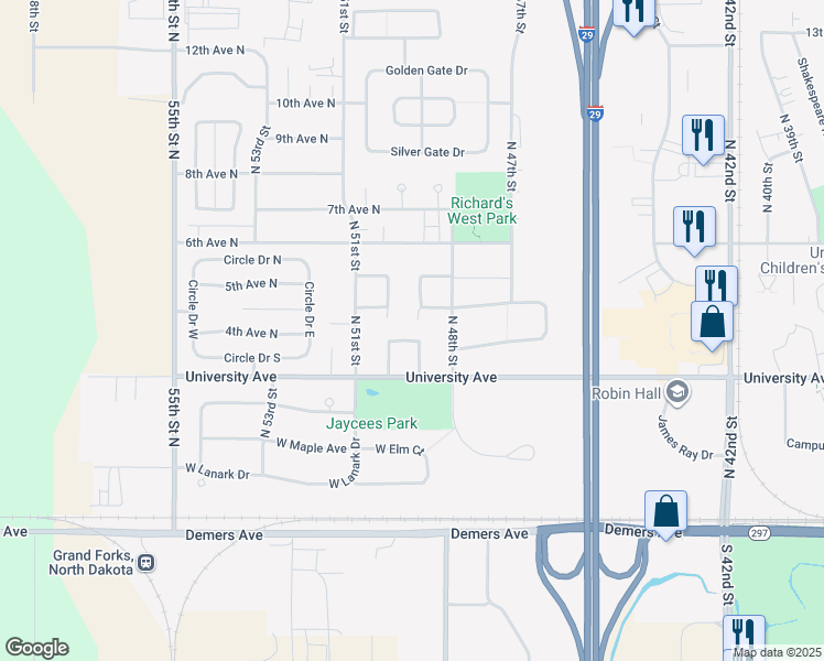 map of restaurants, bars, coffee shops, grocery stores, and more near 335 North 50th Street in Grand Forks