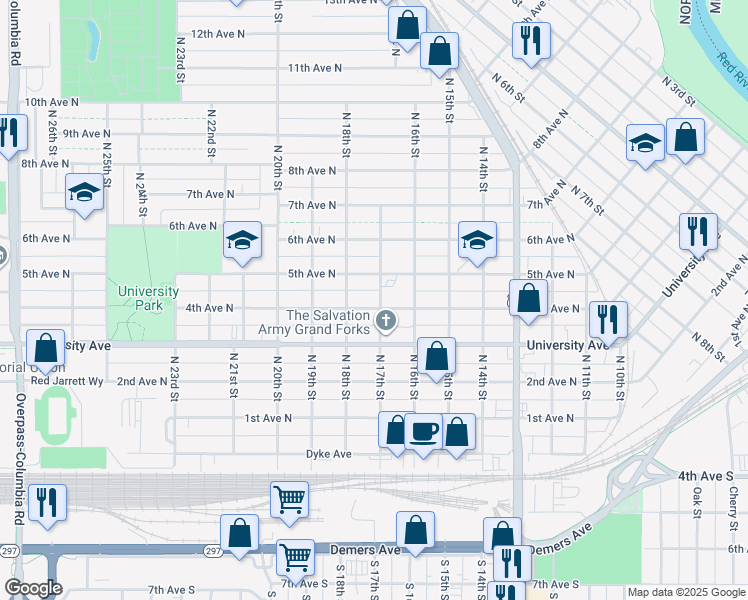 map of restaurants, bars, coffee shops, grocery stores, and more near 1702 4th Avenue North in Grand Forks