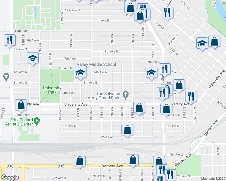 map of restaurants, bars, coffee shops, grocery stores, and more near 1724 4th Avenue North in Grand Forks